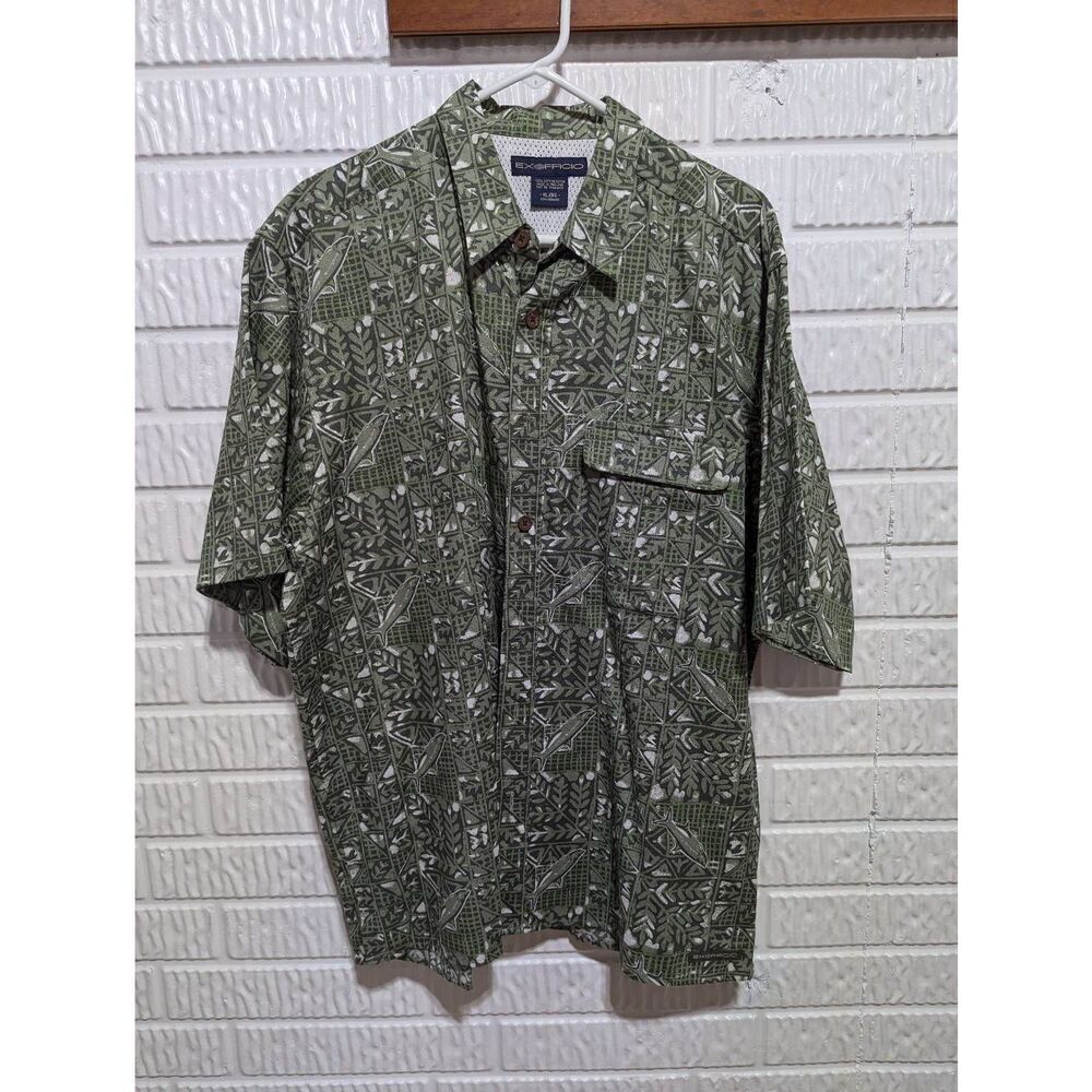 Exofficio Men's Olive Green Short-Sleeve Fish Pattern Button-Front Shirt Size XL